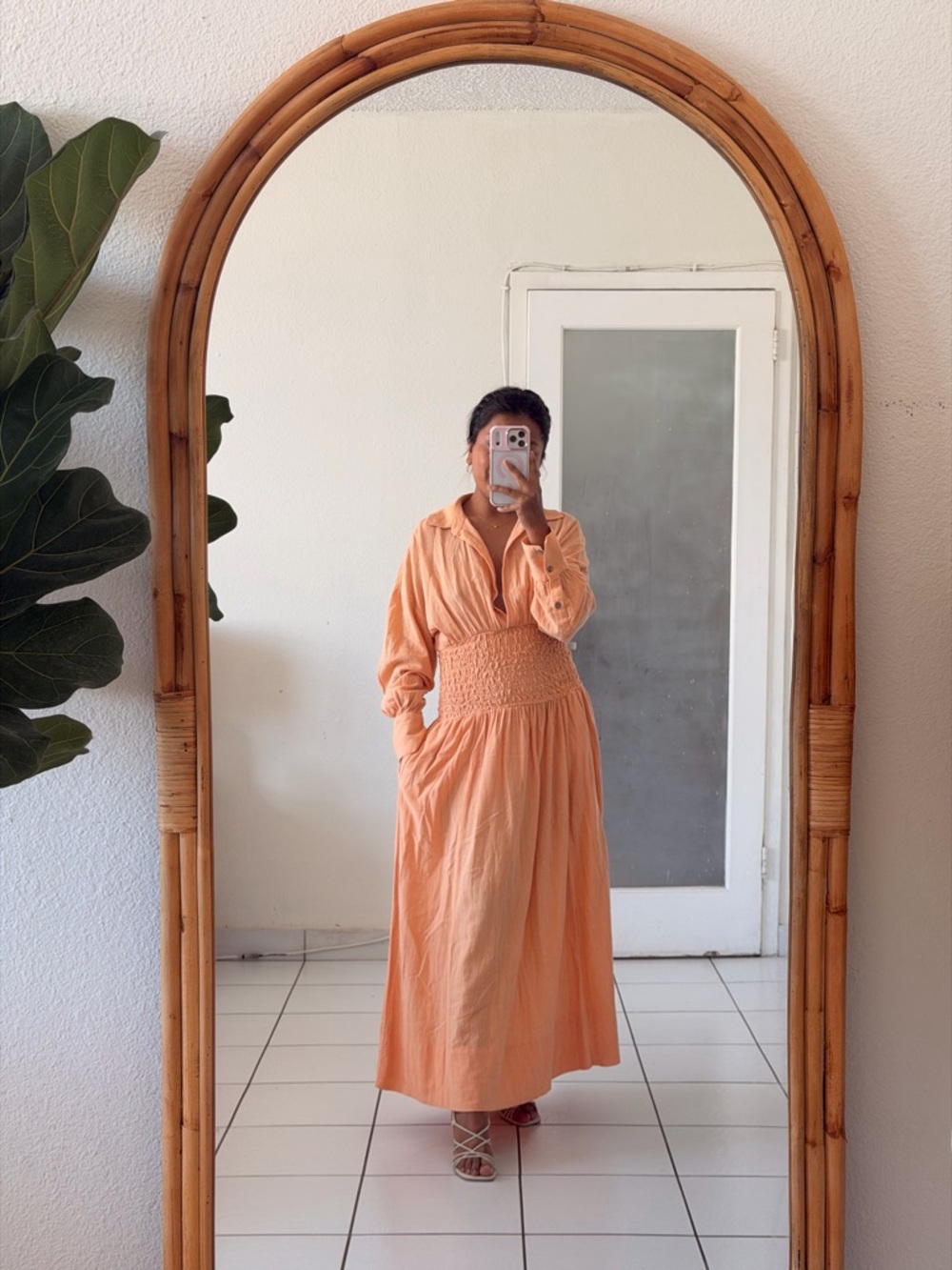 Free People Peach Button-Front Maxi Dress with Shirred Waist